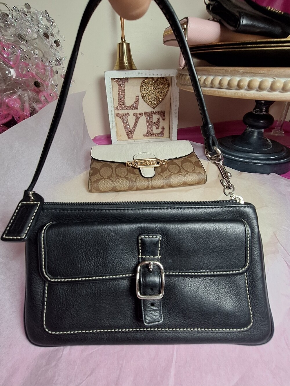 Coach Black Leather Shoulder Bag with Front Buckle